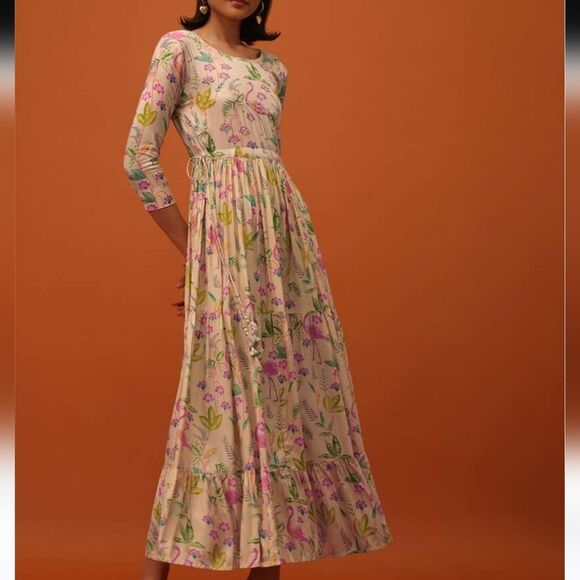 Kalki Fashion Beaded Flamingo Print Maxi Dress Cream Silk Shantung 38 /10 - Picture 1 of 10